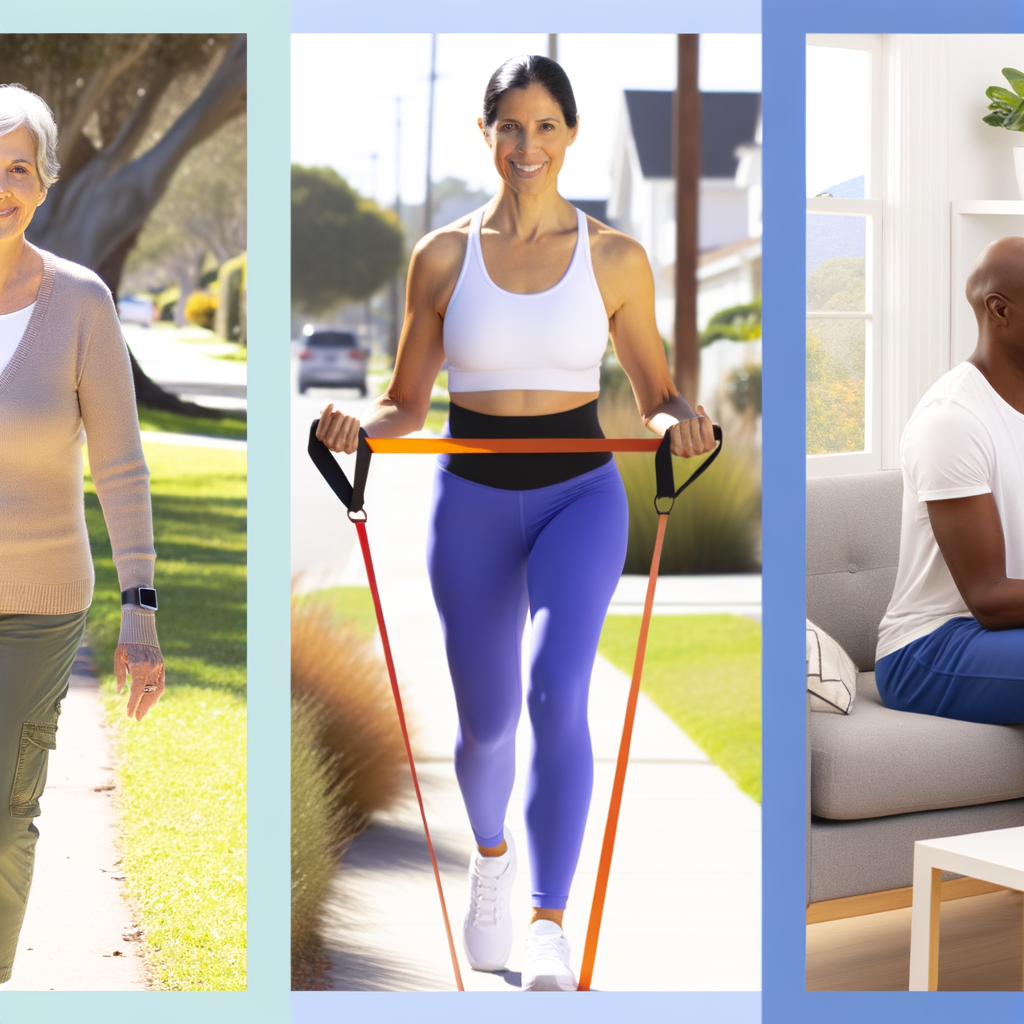 A triptych image showing three exercise types: 1) A middle-aged man or woman with a slight smile, in comfortable clothes, walking on a neighborhood path (aerobic); 2) A person using resistance bands in a living room setting with natural light (resistance training); 3) A small group in a community center or home setting practicing gentle yoga poses with focus on balance (flexibility). The images should convey accessibility and show people of different ages and body types.
