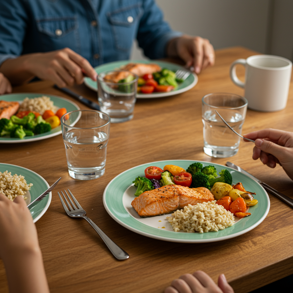 A family enjoying a colorful, balanced meal at their dining table. The plate contains grilled salmon, a variety of roasted vegetables, and a small portion of brown rice. A glass of water sits beside each plate, and family members are engaged in conversation while making healthy food choices, illustrating the shift from processed foods to blood-sugar-friendly whole foods.