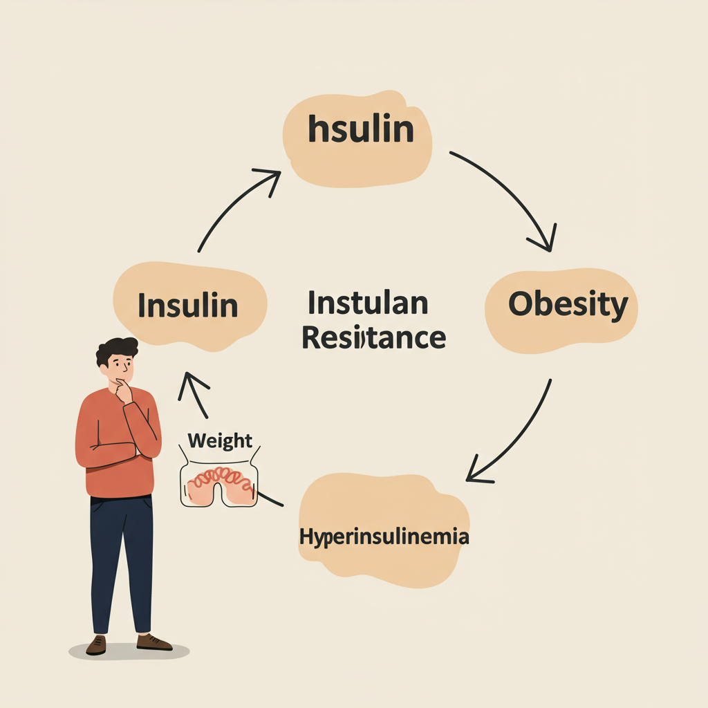A visually engaging diagram showing the bidirectional relationship between insulin resistance and obesity. The image depicts a circular cycle with arrows going both ways between 'Insulin Resistance' and 'Weight Gain', with 'Hyperinsulinemia' as an intermediary factor. A person in casual clothing stands beside the diagram with a thoughtful expression, representing someone gaining understanding about their metabolic health. The diagram uses warm colors and clean, accessible design.