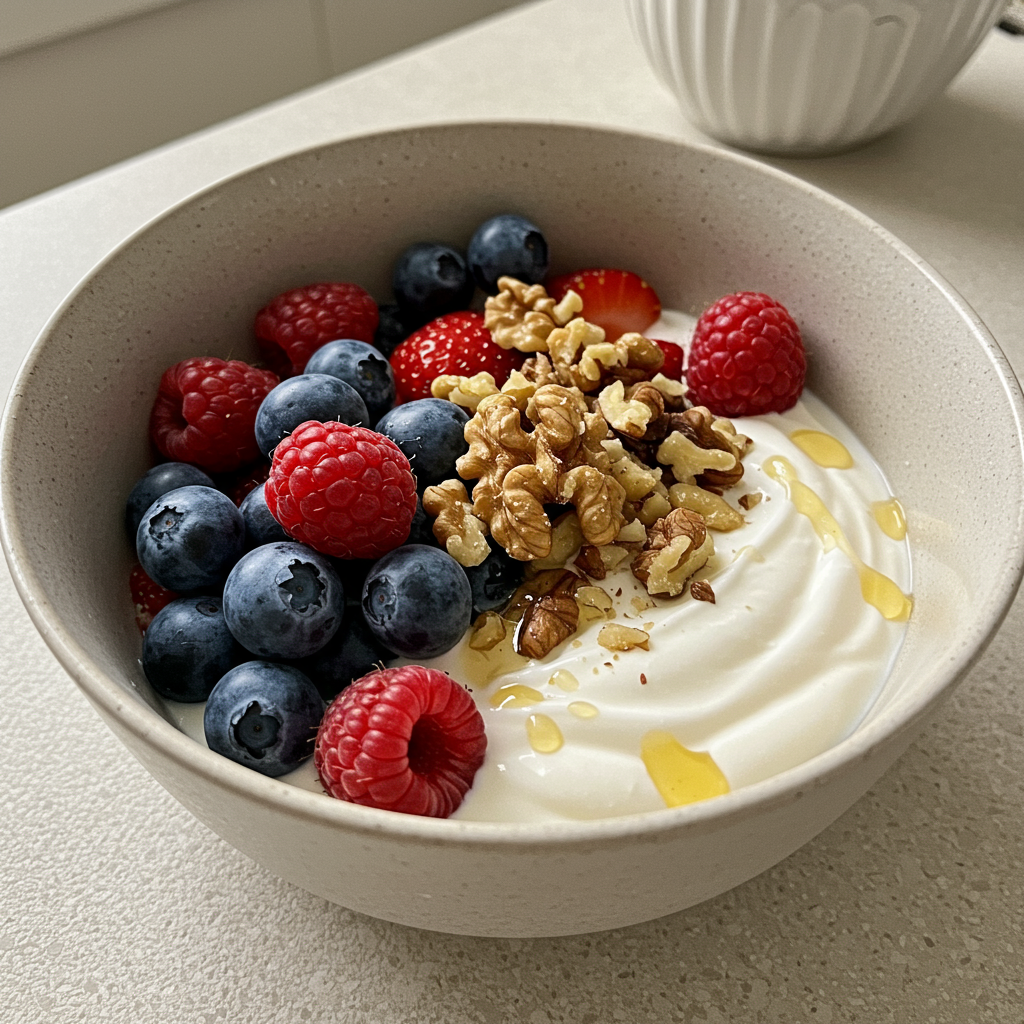 A close-up of an appetizing breakfast bowl featuring colorful berries atop creamy full-fat Greek yogurt with a sprinkle of chopped walnuts and a drizzle of honey. The image should be taken from a slightly overhead angle, showing the beautiful textures and colors of this blood sugar-friendly meal combination. Soft natural lighting highlights the fresh ingredients against a neutral, homey background.