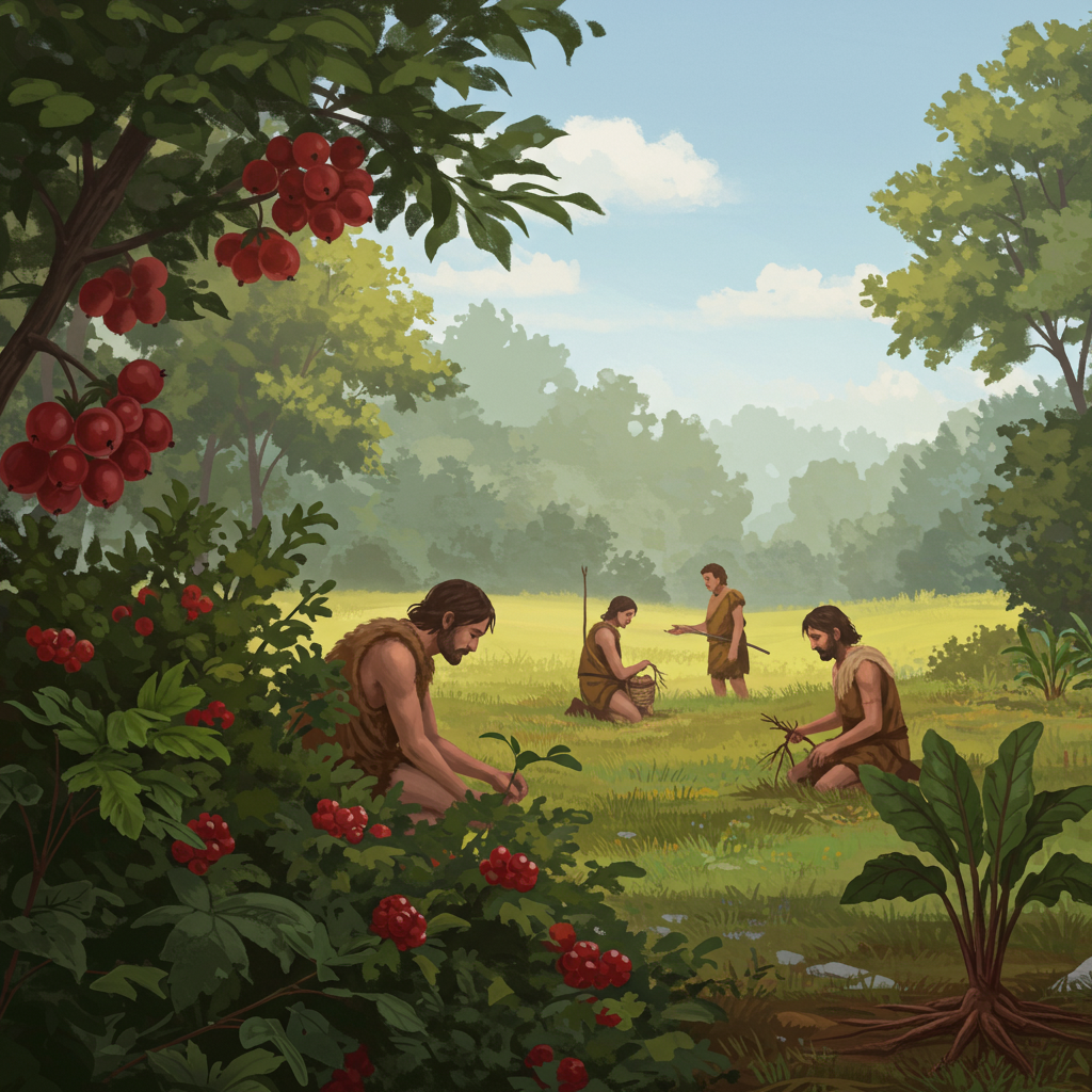 A serene natural landscape showing a small group of people (representing our ancestors) foraging for wild berries and plants. One person is picking colorful berries from bushes while another examines edible roots. In the background, a sunlit forest reveals the diverse ecosystem that provided their natural, unprocessed diet. The image conveys the active food-gathering lifestyle and connection to natural food sources that characterized our ancestors' relationship with nutrition.
