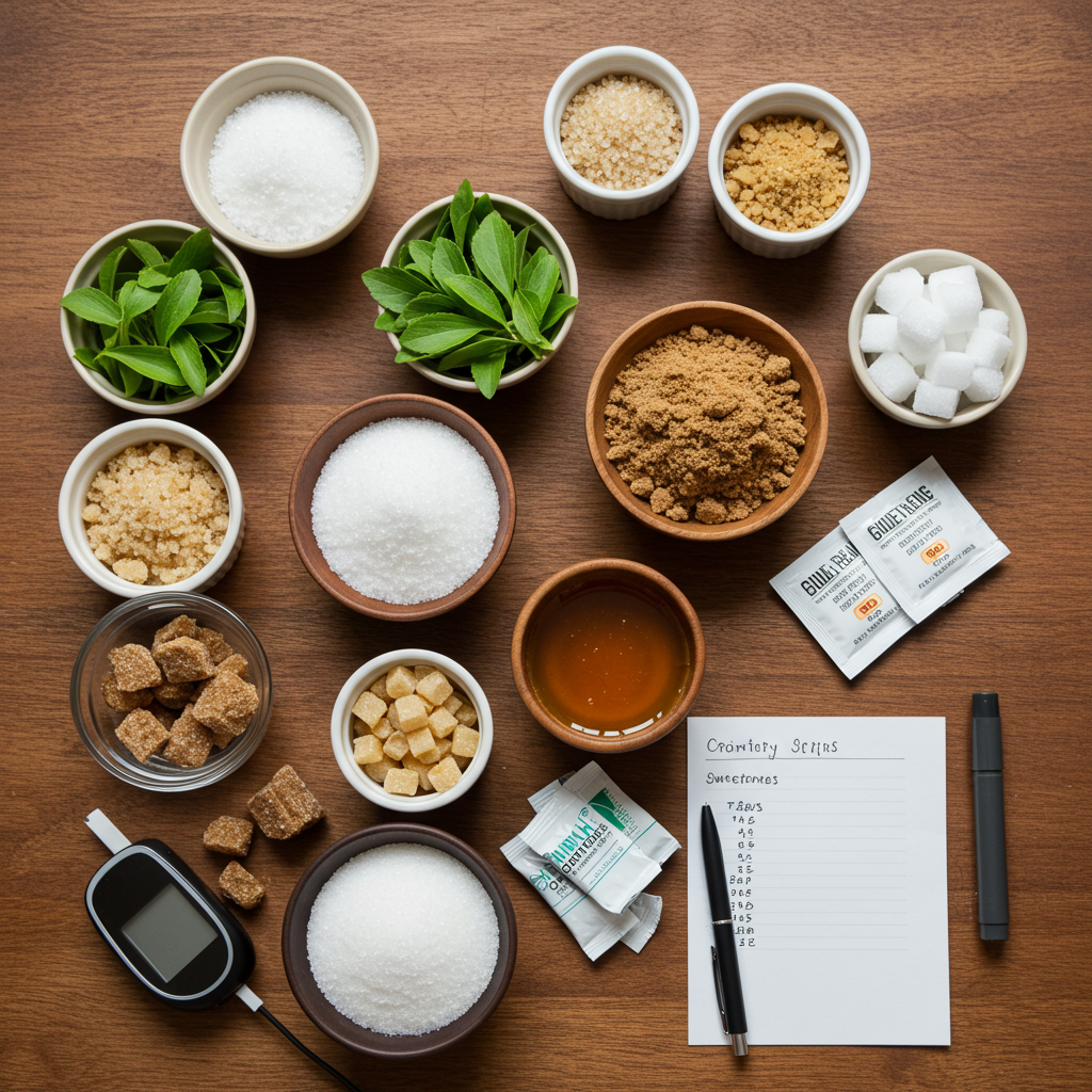 A warm, inviting flat-lay photograph of common sugar substitutes arranged on a wooden table. The image shows small bowls containing white sugar alongside alternatives like stevia leaves, coconut sugar, honey, artificial sweetener packets, and sugar alcohols. A continuous glucose monitor and a small notepad with handwritten notes about blood sugar responses sit at the edge of the arrangement, suggesting personal tracking and awareness.