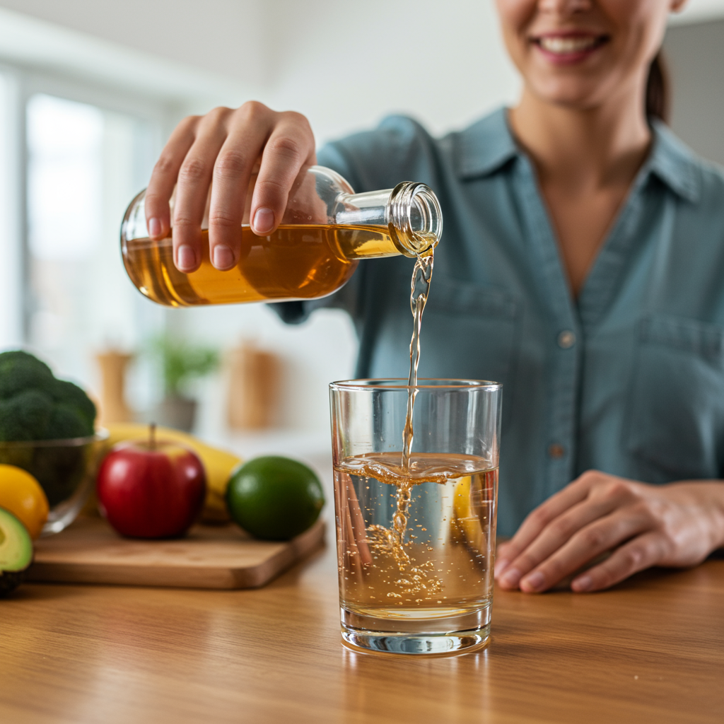 A close-up image of someone adding apple cider vinegar to a glass of water in a bright, modern kitchen. The person is smiling slightly while preparing their pre-meal vinegar drink, with healthy food ingredients visible in the background, suggesting meal preparation. The vinegar has an amber hue and the scene is captured in warm, natural lighting.