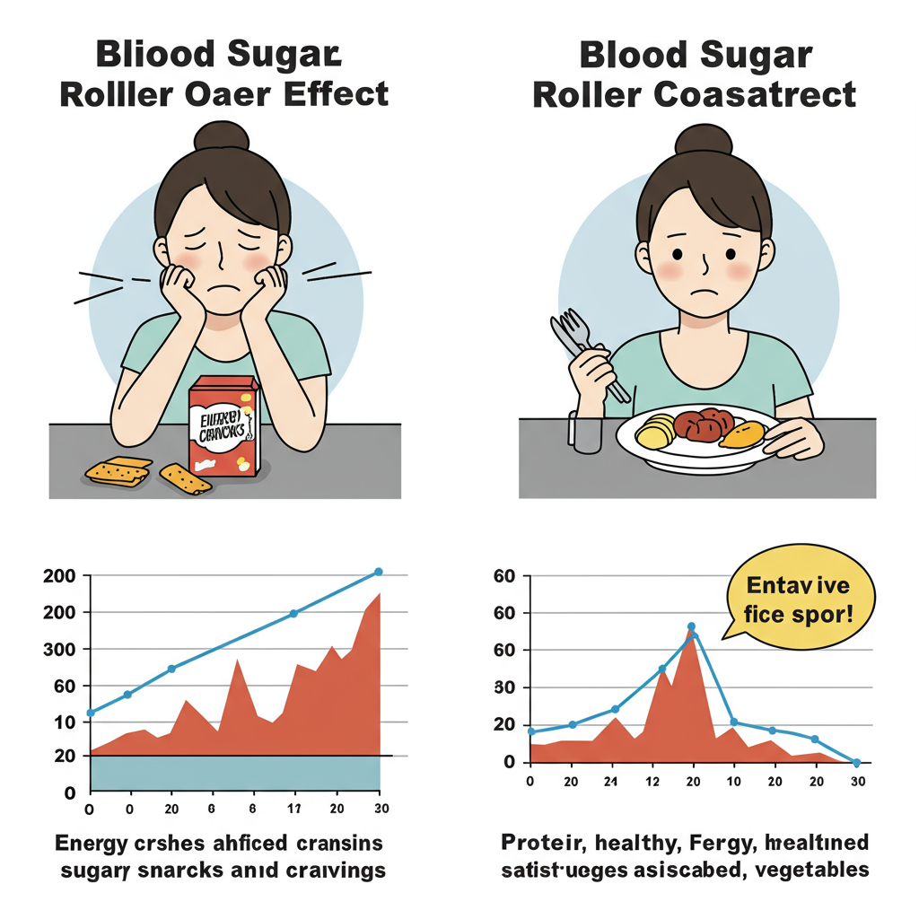 A side-by-side comparison showing the blood sugar roller coaster effect. On the left side, a person experiencing energy crashes and cravings after consuming refined carbohydrates (looking tired and reaching for sugary snacks). On the right side, the same person enjoying stable energy and satisfaction after a balanced meal of protein, healthy fats, and vegetables (looking energetic and content). The image should include a simple graph overlay showing the spike-and-crash pattern versus stable blood sugar levels.