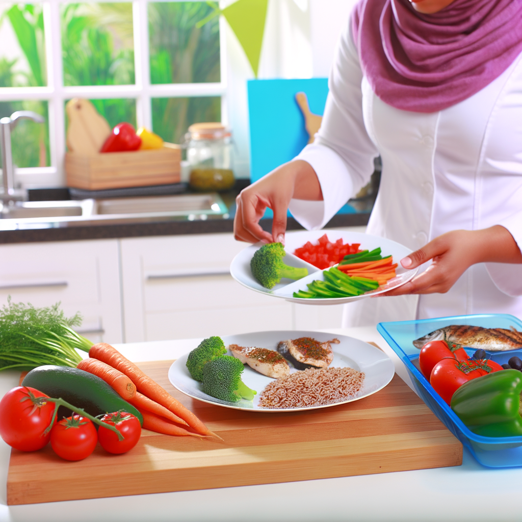 A vibrant, colorful photo of a person assembling a balanced meal using the plate method. Show a real person (diverse representation) arranging a plate with half filled with colorful vegetables (broccoli, bell peppers, leafy greens), a quarter with brown rice or quinoa, and a quarter with grilled chicken or fish. The setting should be a bright home kitchen with fresh ingredients visible in the background.