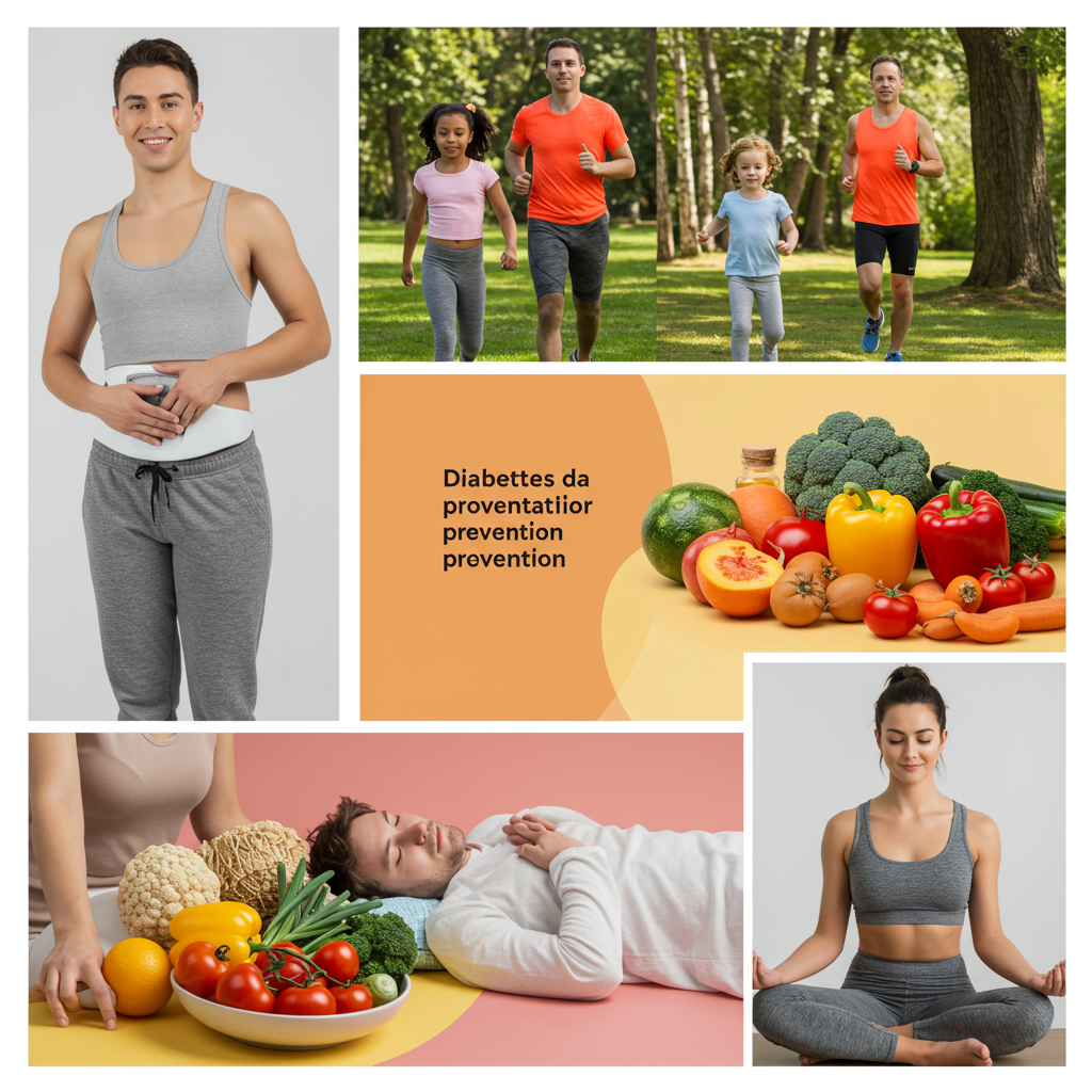 A vibrant collage showing five diverse individuals engaged in diabetes prevention activities: a person in comfortable clothes checking their weight on a scale with a small smile; someone jogging in a park; a family preparing a colorful, vegetable-rich meal together; a person peacefully sleeping; and someone practicing yoga or meditation in a calming environment. The image conveys positive lifestyle choices rather than medical interventions.