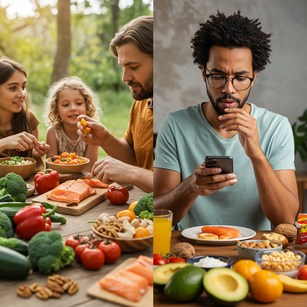 A split-screen image showing the contrast between ancient and modern eating habits. On the left, a peaceful scene of a family enjoying a simple meal of fresh vegetables, nuts, and lean protein in a natural setting. On the right, a busy modern person surrounded by processed convenience foods, looking stressed while checking their phone during a rushed lunch break. The image illustrates the stark difference between our ancestors' mindful relationship with food and our modern disconnected eating patterns.