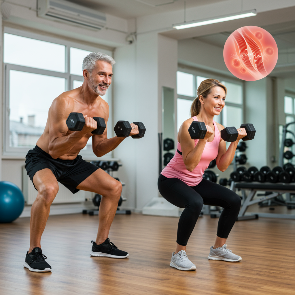 A fit, middle-aged man and woman performing dumbbell exercises in a bright, welcoming gym setting