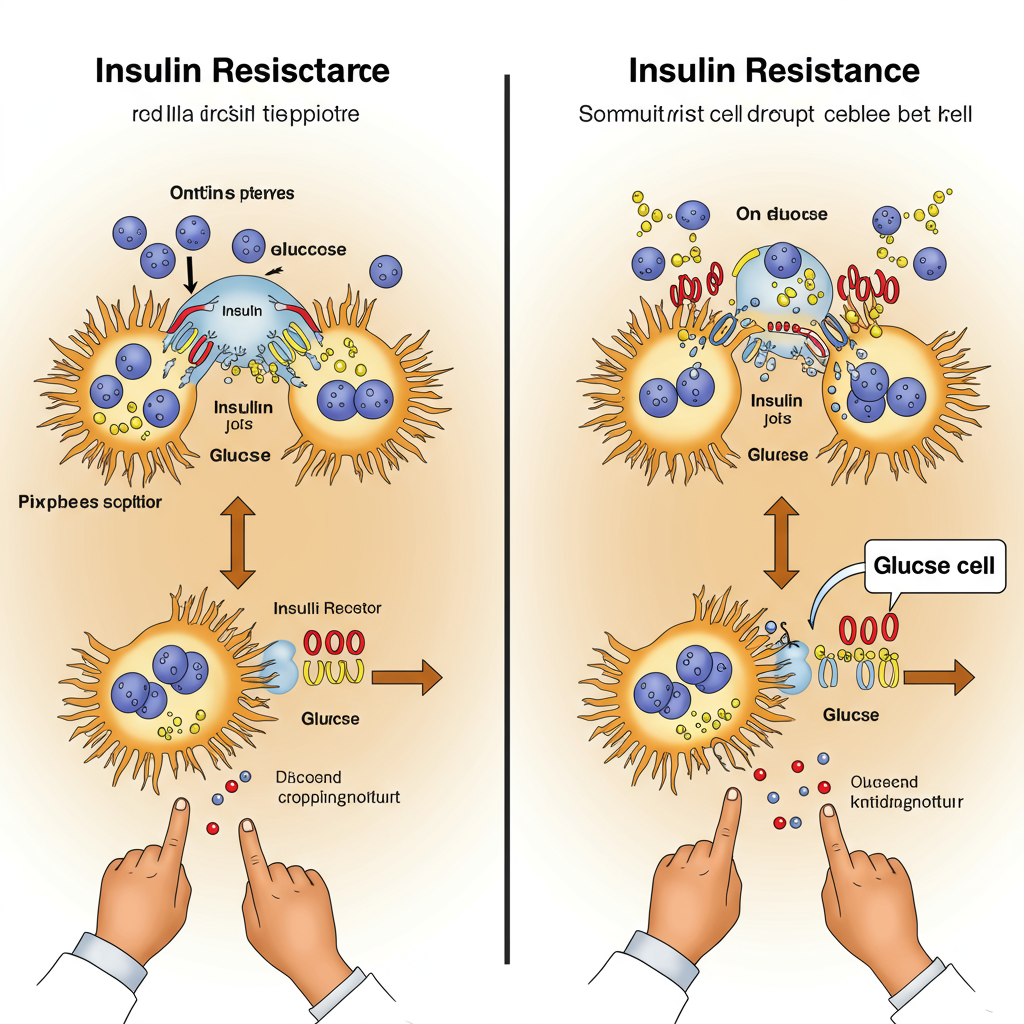 Insulin resistance diagram showing healthy cell vs resistant cell