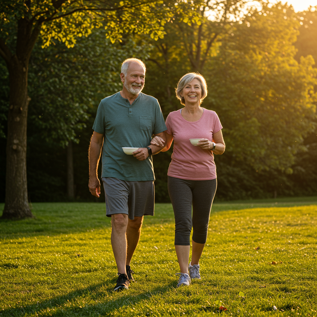 A middle-aged couple enjoying a casual post-dinner walk in a neighborhood park during golden hour. The man is wearing a fitness watch, and both are dressed in comfortable everyday clothes (not workout gear). They appear relaxed and engaged in conversation, illustrating how post-meal movement can be a pleasant, sustainable habit rather than intense exercise. The image conveys the accessibility of this glucose management strategy for people of all fitness levels.