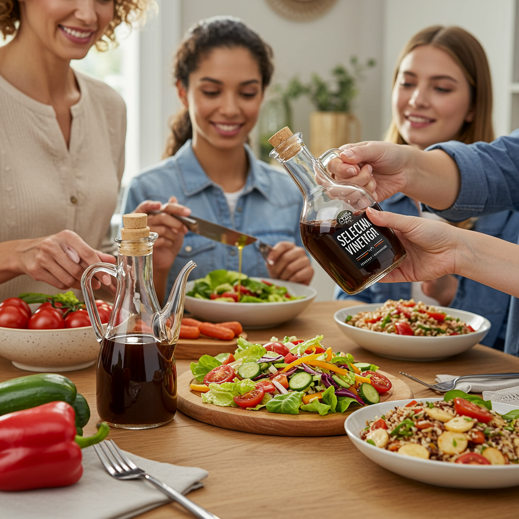 A lifestyle image showing a family dinner scene with a colorful salad being dressed with vinegar. The dining table features a Mediterranean-style spread with vegetables, whole grains, and a cruet of vinegar prominently displayed. The scene conveys warmth, health, and the practical integration of vinegar into everyday meals.