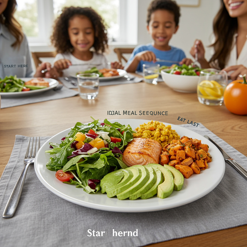 A beautifully arranged plate showing the ideal meal sequence: a colorful salad with leafy greens and vegetables taking up half the plate (labeled 'Start here'), a portion of grilled salmon and avocado slices (labeled 'Eat second'), and a small portion of sweet potatoes or whole grains (labeled 'Eat last'). The meal is being enjoyed by a diverse family at a dining table, emphasizing how this approach can be incorporated into everyday family meals.
