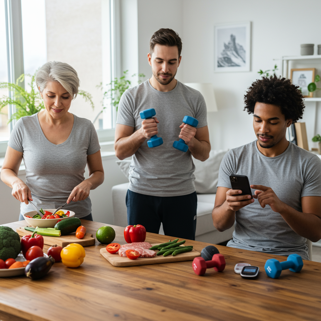 A motivating lifestyle image showing a diverse group of three people (different ages and body types) engaged in healthy activities: one person preparing a low-carb meal with colorful vegetables and proteins, another doing resistance training with dumbbells, and a third checking a glucose monitor or health app on their phone. They're in a bright, welcoming home setting that conveys a sense of taking control of metabolic health. Their expressions show determination and hope rather than struggle.