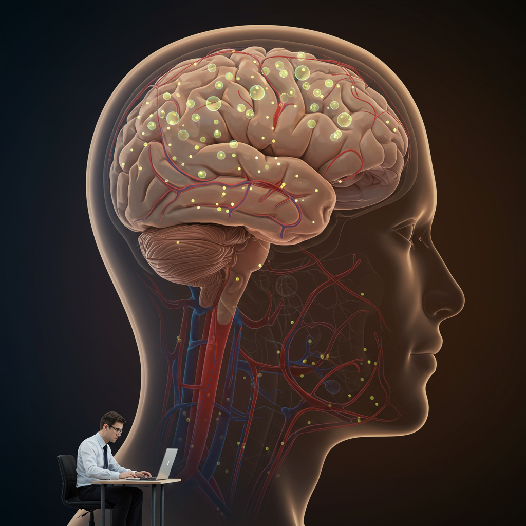 A warm, realistic illustration showing a side profile of a human head with the brain visible, where glucose molecules are represented as small glowing particles