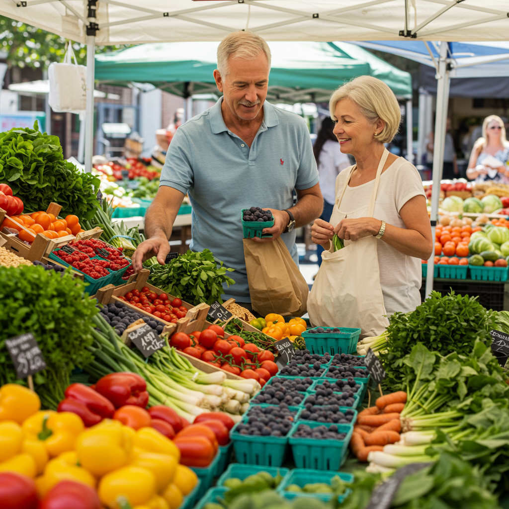 A middle-aged man and woman at a farmers market, selecting from an abundant display of seasonal produce. The man, who appears fit and energetic, is examining fresh berries while the woman is placing leafy greens in her reusable shopping bag. The market stalls around them showcase a rainbow of fruits and vegetables, fresh herbs, and whole grains. The atmosphere conveys community connection and the pleasure of choosing nutritious foods rather than the restriction often associated with diabetes management.