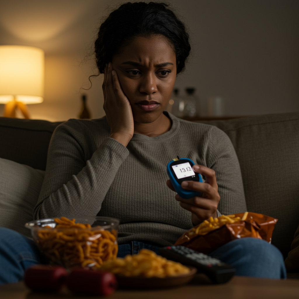 A person checking their glucose monitor with a concerned expression while sitting on a couch surrounded by snacks and a TV remote, illustrating the sedentary lifestyle described in the wake-up call section. The lighting should be warm but subdued, conveying the moment of realization.