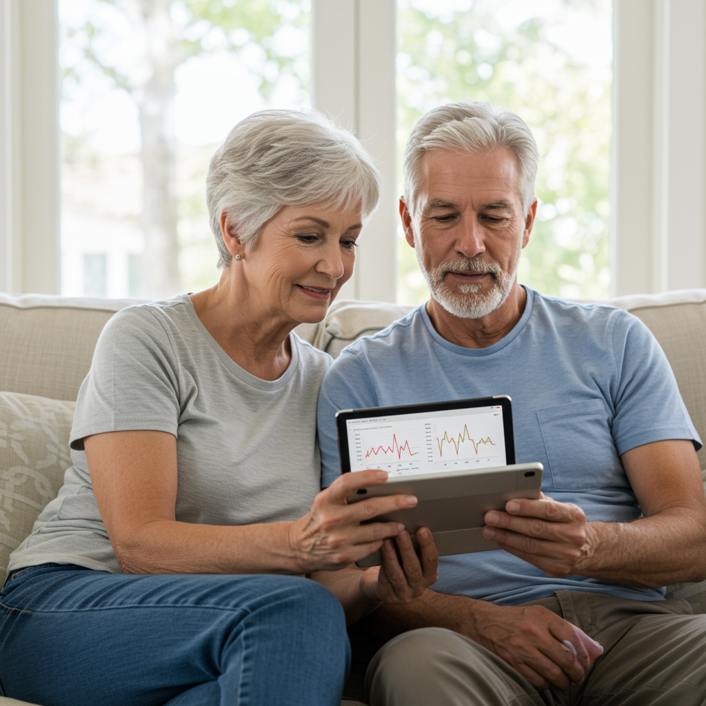 A serene image of a fit, silver-haired couple in their 60s reviewing their health data together on a tablet. They're sitting on a comfortable couch with morning light streaming in. The tablet screen shows simple graphs of glucose patterns alongside other health metrics. Their relaxed posture and engaged expressions suggest empowerment rather than anxiety about the health information they're reviewing.