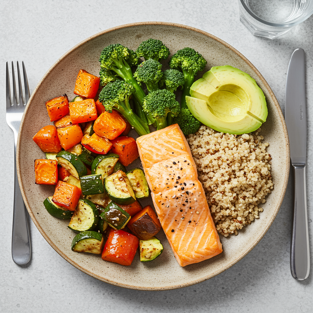 A top-down view of a beautifully arranged meal on a plate following blood sugar-friendly principles: colorful roasted vegetables and a piece of grilled salmon occupying half the plate, a small portion of quinoa or brown rice, and a side of avocado slices. The meal should be plated on a natural-looking ceramic dish, perhaps with utensils visible and a glass of water, suggesting a realistic, appetizing meal that someone could actually prepare at home. Soft natural lighting should make the food look inviting and delicious.