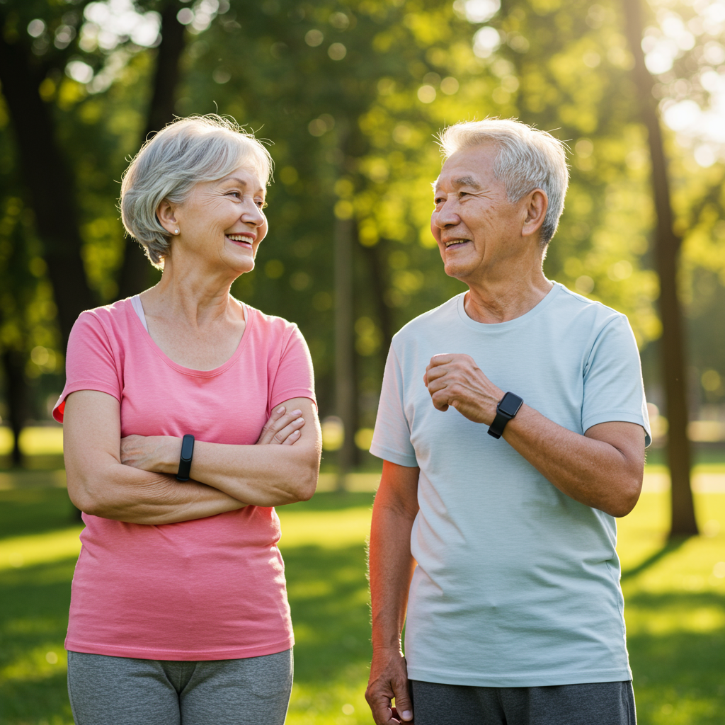 A serene elderly couple in their 80s enjoying a morning walk in a sunlit park, looking vibrant and healthy. The woman is wearing a fitness tracker on her wrist, subtly suggesting health monitoring. They're smiling and engaged in conversation, embodying active aging and vitality that comes with good metabolic health.