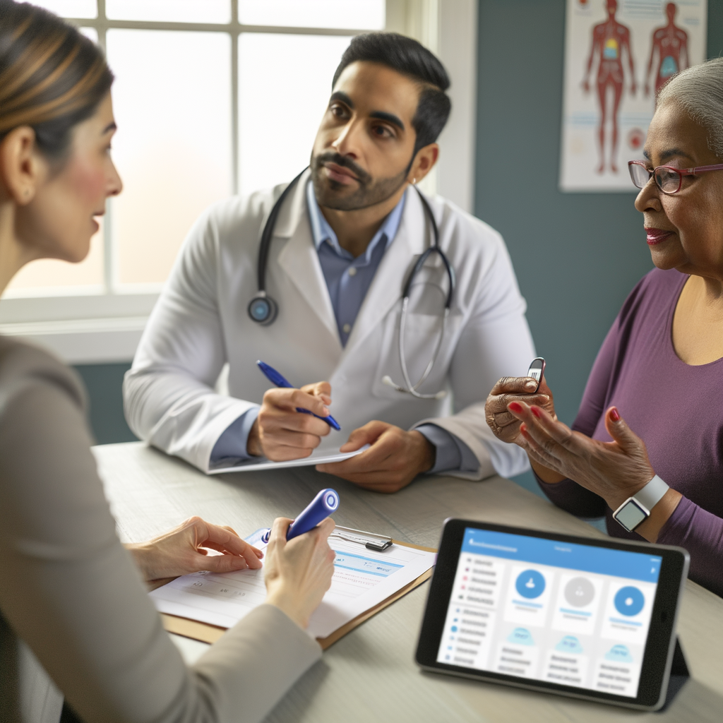 A warm, encouraging scene of a healthcare team meeting with a patient. A doctor, diabetes educator, and the patient (a woman in her 40s) are reviewing a personalized care plan together. The patient is actively engaged, taking notes while glucose monitoring results, medication schedules, and upcoming screening appointments are visible on a health management app on a tablet. The environment conveys partnership, support, and empowerment.
