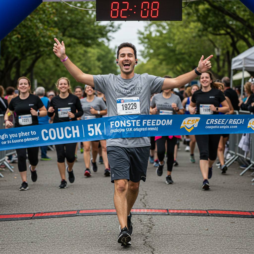 A joyful person crossing a finish line at a community 5K event, wearing a casual runner's outfit with a look of accomplishment and triumph. Other participants are visible in the background, cheering and celebrating, representing the journey from couch to 5K completion and the sense of freedom described in the post.