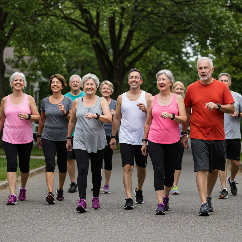 A diverse group of adults (varying in age, gender, and ethnicity) enjoying a casual neighborhood walk together. They're wearing everyday clothes rather than specialized fitness gear, demonstrating the accessibility of moderate exercise. Some are engaged in friendly conversation while others are checking their fitness trackers, suggesting the social and monitoring aspects of consistent exercise. The scene shows a regular neighborhood setting with trees and houses, emphasizing that effective exercise doesn't require special equipment or locations.