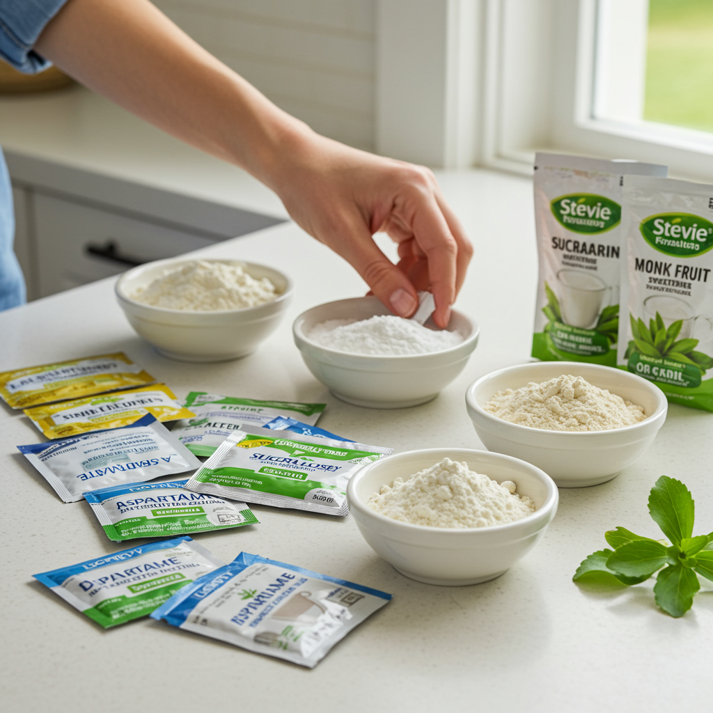 A diverse array of artificial sweeteners displayed on a bright kitchen counter. The image shows packets of aspartame, sucralose, saccharin, stevia, and monk fruit sweeteners, alongside small bowls containing each substance in powder form. A person's hand is visible reaching for one of the options, suggesting an active choice being made. Natural light streams in from a nearby window, creating a warm, inviting atmosphere.