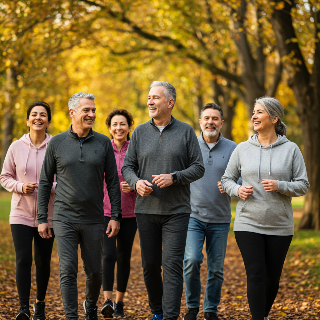 A diverse group of middle-aged adults enjoying an outdoor walking session in a park with autumn trees