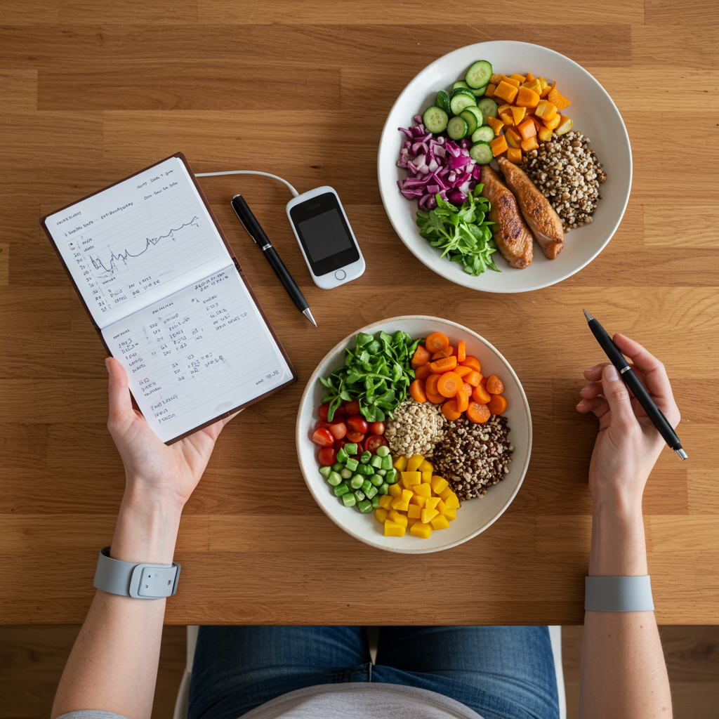 A woman in her 30s sitting at her kitchen table with a journal and pen beside a healthy-looking meal. She's taking a photo of her plate with her smartphone while wearing a CGM on her upper arm. The meal shows a colorful arrangement of vegetables, lean protein, and a small portion of whole grains. A small notebook shows handwritten notes tracking different foods and meal compositions with simple glucose curve sketches.