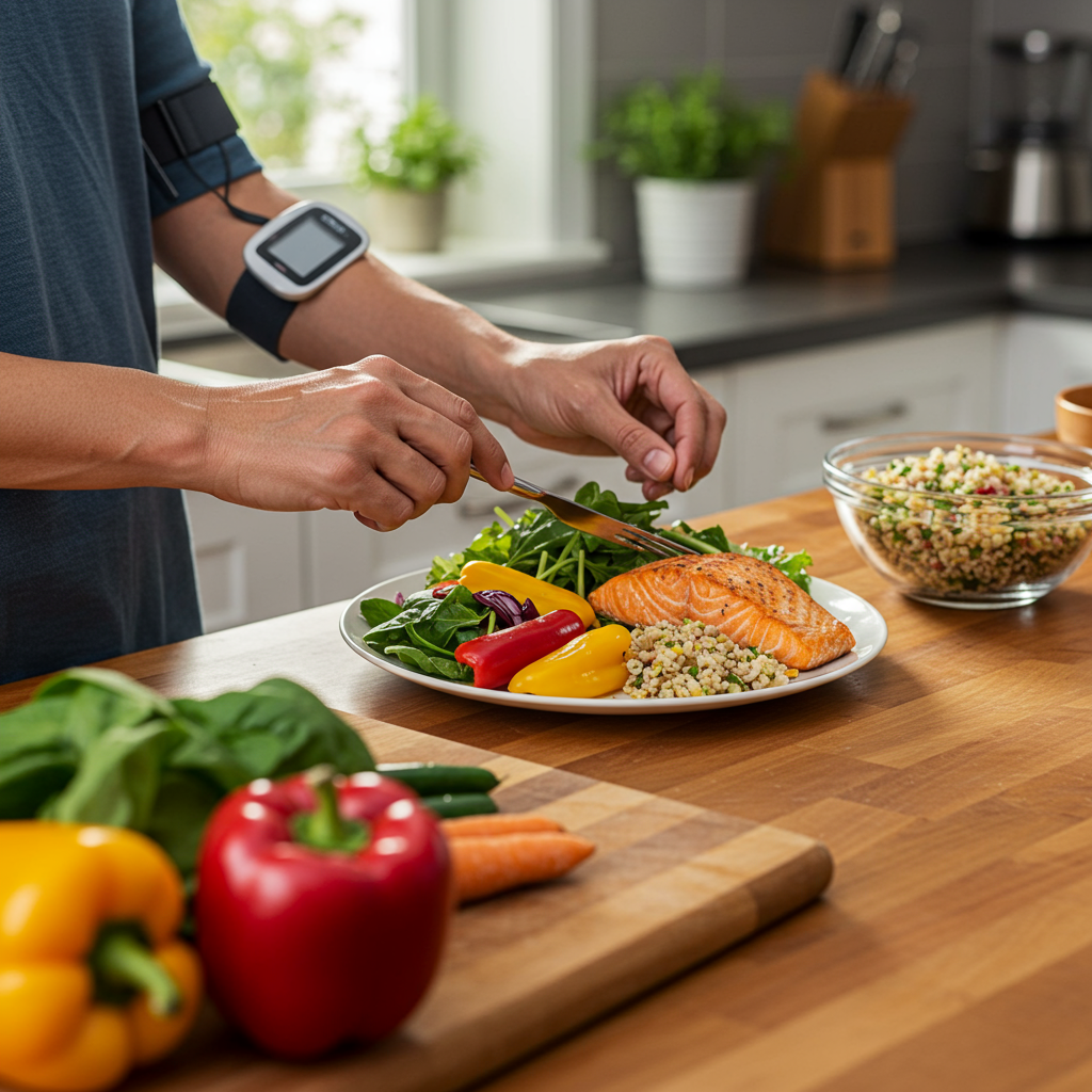 A vibrant kitchen scene showing an adult preparing a colorful, well-balanced meal using fresh ingredients. The person is arranging a plate with vegetables first (bright greens and colorful peppers), followed by a portion of protein (like grilled salmon or chicken), with a small portion of whole grains on the side. A continuous glucose monitor is visible on their arm, but not the central focus. The kitchen is well-lit with natural light, creating an aspirational yet achievable healthy lifestyle image that ties together the article's key points about meal sequencing and monitoring.