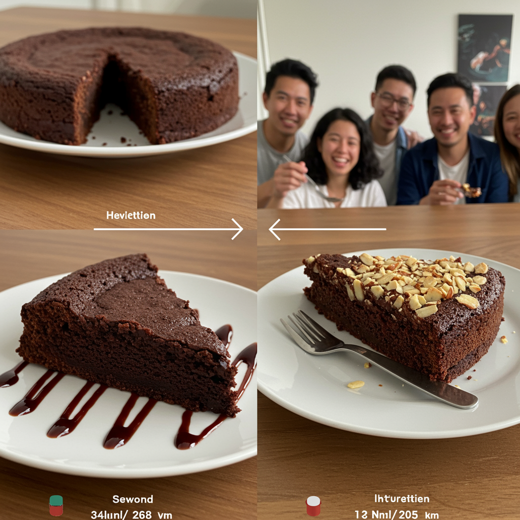 A side-by-side comparison showing two dessert plates: on the left, a traditional slice of chocolate cake with white flour and refined sugar; on the right, a healthier alternative made with almond flour and natural sweeteners. The image shows a blood glucose monitor with different readings next to each plate, illustrating the significant difference in blood sugar impact. A diverse group of people in the background are enjoying the healthier option with satisfied expressions.