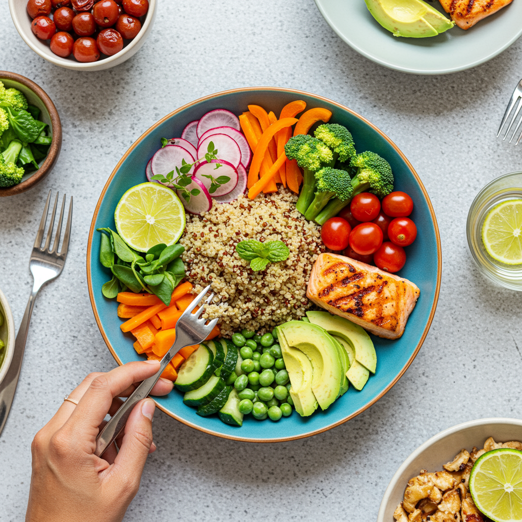 A vibrant, overhead view of a nourishing Buddha bowl featuring fluffy quinoa as the base, surrounded by colorful vegetables, avocado slices, and grilled salmon