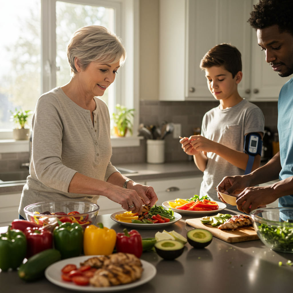 A warm, inviting image of a diverse family preparing a balanced meal together in a sunlit kitchen. A middle-aged woman is arranging protein (grilled chicken) and colorful vegetables on plates while a man is checking a continuous glucose monitor on his arm. A teenager is adding healthy fats like avocado to the meal. The kitchen counter displays fresh ingredients and a visible clock suggesting time-restricted eating. Everyone appears relaxed and engaged in mindful food preparation.