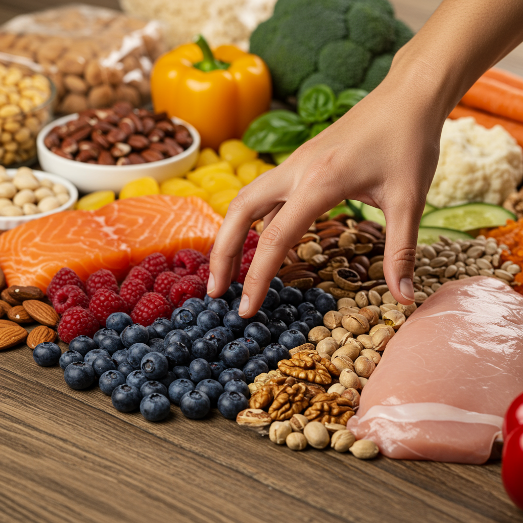 A close-up of a person's hand reaching for colorful whole foods arranged in a beautiful rainbow pattern (including berries, vegetables, nuts, and lean proteins) instead of packaged processed foods that are slightly blurred in the background. The scene is set on a rustic wooden table with soft, natural lighting that highlights the vibrant colors of the whole foods.