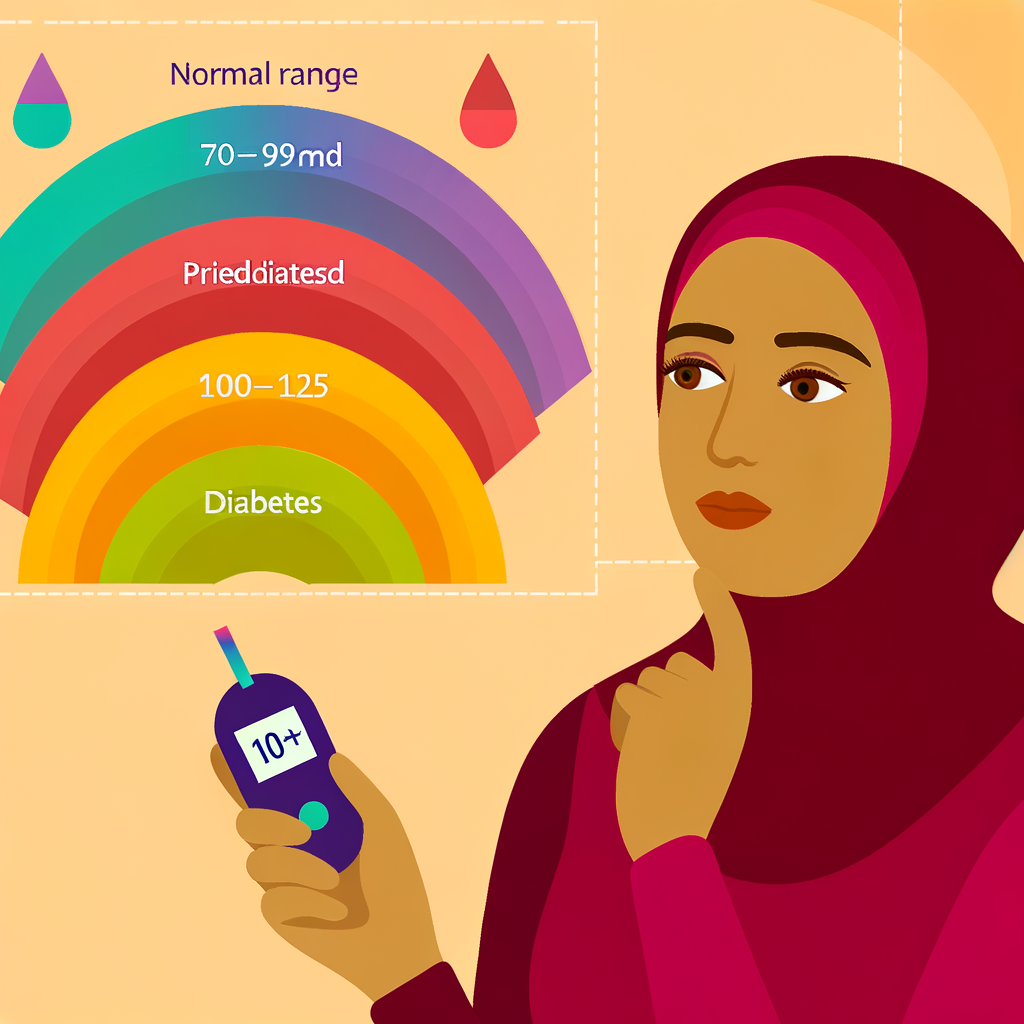 A warm, inviting infographic showing a blood glucose spectrum with clear visual indicators of normal range (70-99 mg/dL), prediabetes range (100-125 mg/dL), and diabetes range (126+ mg/dL). Include a person looking at a blood glucose meter with a thoughtful expression, representing someone taking control of their health monitoring.