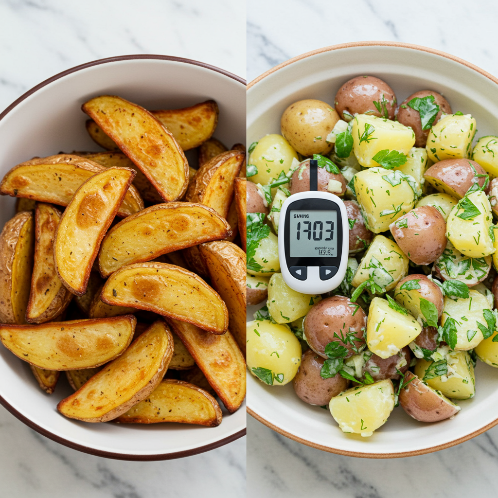 A split image showing the same type of potatoes prepared two different ways: on the left, a bowl of crispy, golden-brown roasted potato wedges; on the right, a colorful potato salad with chilled, boiled potatoes mixed with fresh herbs and a light vinaigrette. A small blood glucose monitor with different readings sits between the two dishes, visually representing how the same food prepared differently affects blood sugar levels.