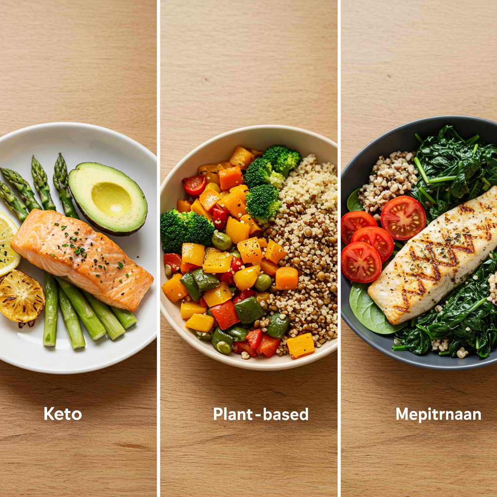 A warm, inviting image of three different healthy meal preparations side by side, representing each dietary approach discussed. The keto meal features salmon with asparagus and a side of avocado. The plant-based meal showcases colorful roasted vegetables, lentils, and quinoa. The Mediterranean meal displays grilled fish with olive oil, tomatoes, leafy greens, and a small portion of whole grains. All meals are presented on a wooden table with natural lighting, suggesting real, approachable food rather than staged perfection.