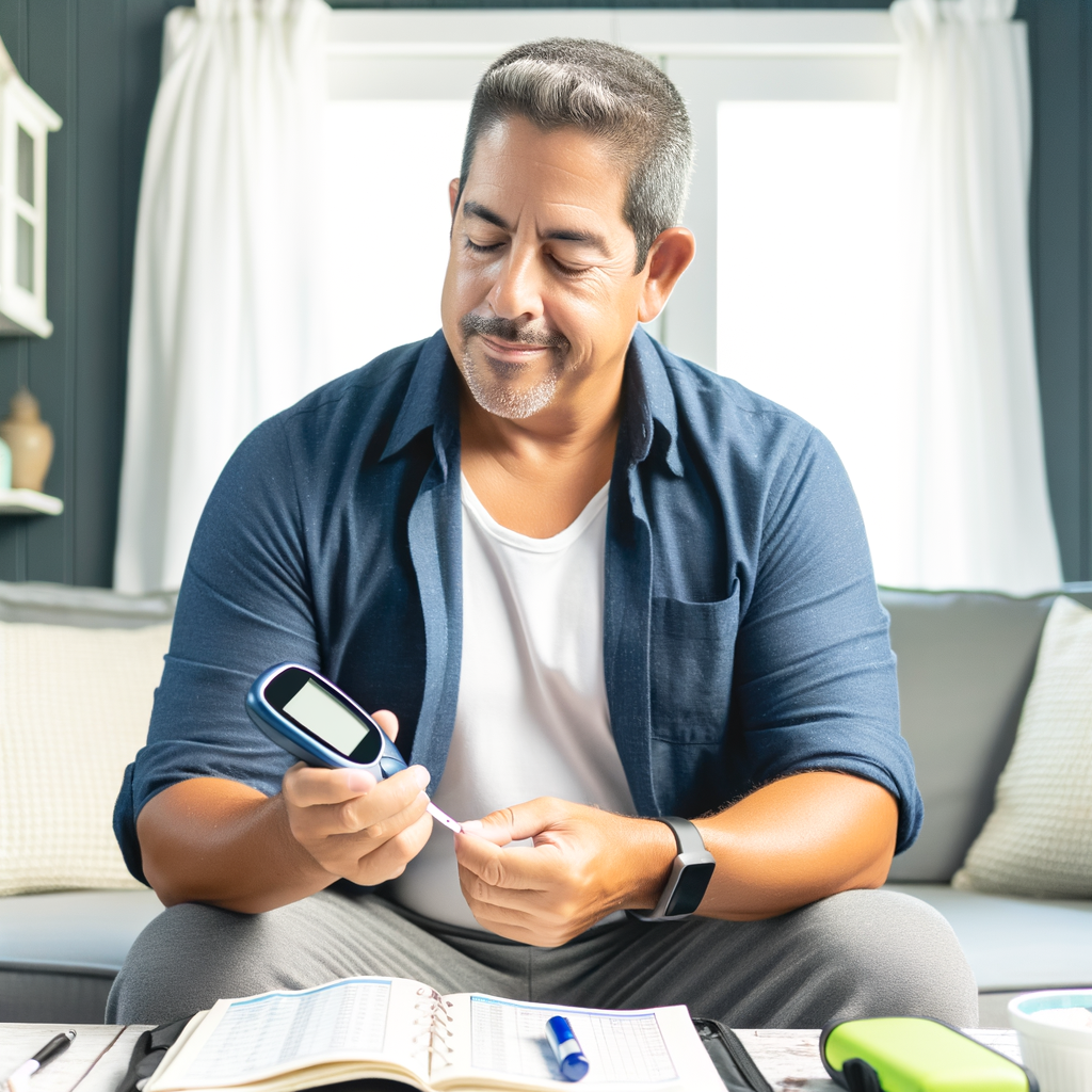 A serene middle-aged man checking his blood glucose with a modern glucose monitor while sitting in a comfortable living room. He appears calm and in control, demonstrating the positive approach to diabetes management. A food journal and medication organizer are visible nearby, illustrating the tools for preventing complications.