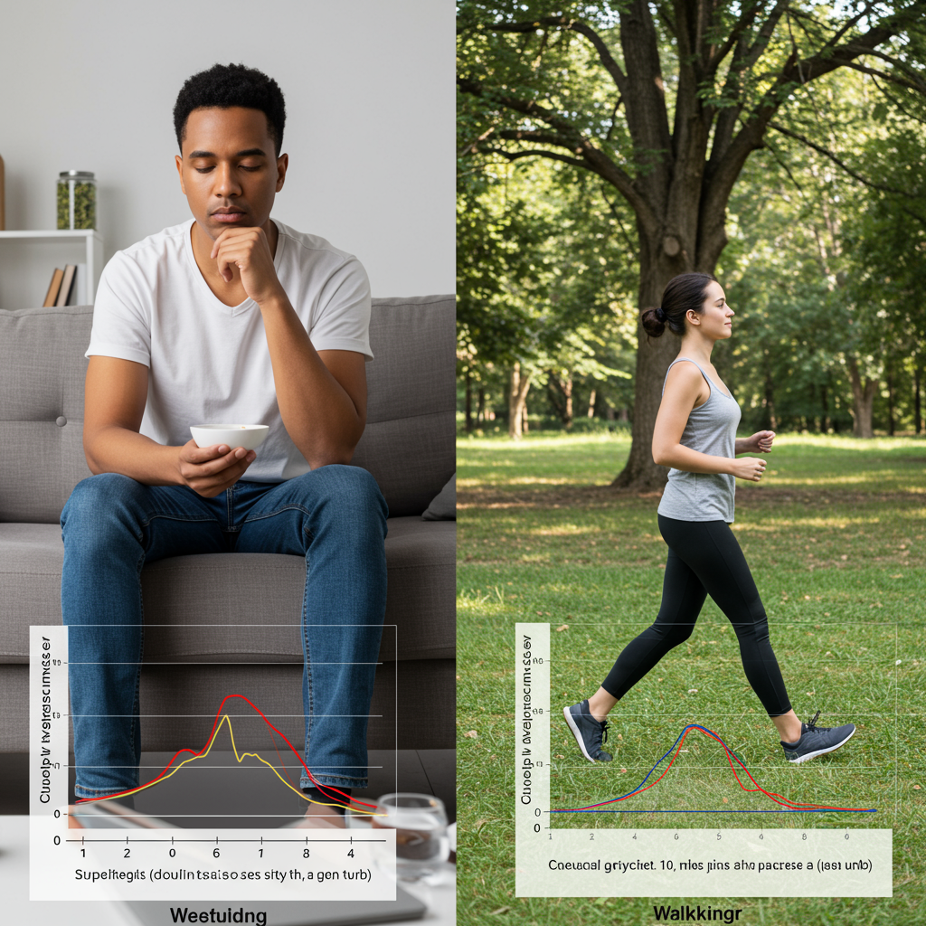 A split-screen image showing: on the left, a person sitting on a couch looking tired after a meal with a small graph overlay showing a sharp blood glucose spike; on the right, the same person taking a casual 10-minute walk outdoors with a graph overlay showing a much gentler, lower glucose curve. The person appears relaxed and energized in the walking image.