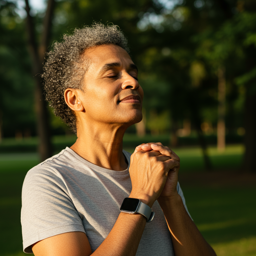 A serene scene of a diverse middle-aged individual enjoying morning sunlight on their face during an early walk in a park. They're wearing comfortable clothes, looking peaceful with closed eyes and a gentle smile as the golden morning light bathes their face. A smartwatch or glucose monitor is subtly visible on their wrist, suggesting they're monitoring their health while practicing this beneficial habit.